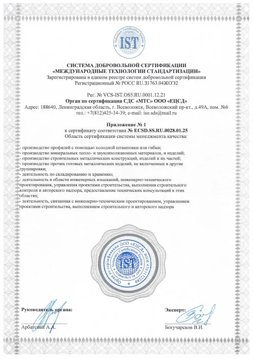 Приложение 1 к сертификату ISO 9001 №ECSD.SS.RU.0028.01.25