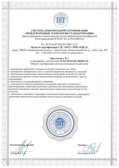 Приложение 1 к сертификату ISO 9001 №ECSD.SS.RU.0028.01.25