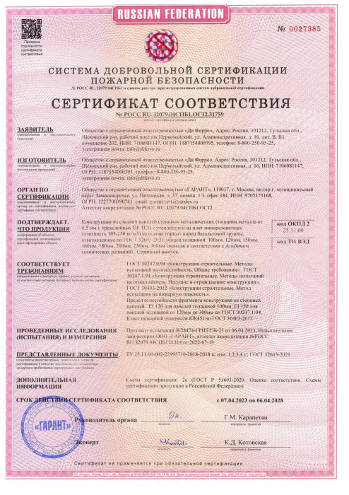 Сертификат соответствия стеновых панелей требованиям пожарной безопасности 2023